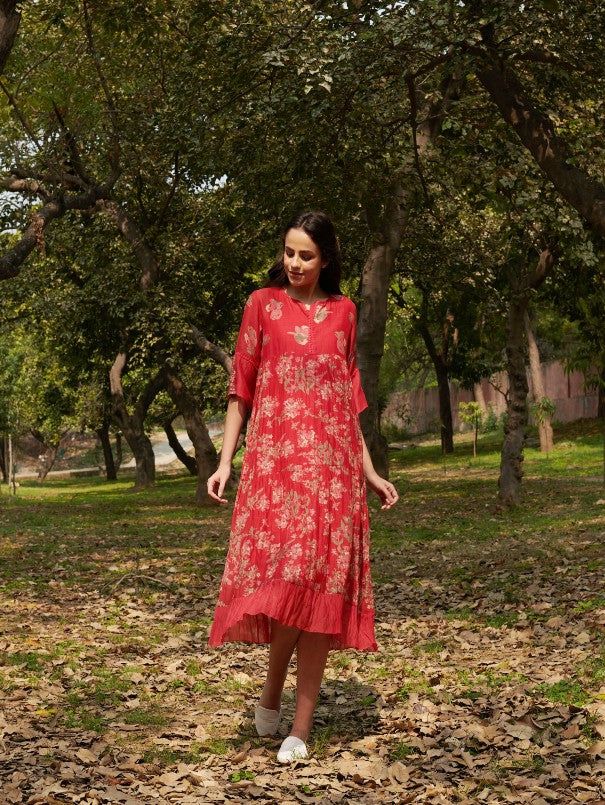 Bliss - Red Embroidered Cotton Silk Floral Dress By Priti Prashant now available at Trendroots Festive A-line Dress With Floral Embroidery, Festive Embroidered Midi Dress, Resham Embroidery Midi Dresses, Festive Floral Embroidered Midi Dress, Festive Midi-length Floral Embroidered Dress, Festive Floral Embroidered Dress, Chikankari Embroidery Midi Dress, Festive Floral Print Midi Dress, Festive Dresses With Embroidered Neckline