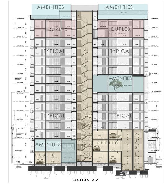 the site plan for an apartment building with two floors and three stories, in different colors