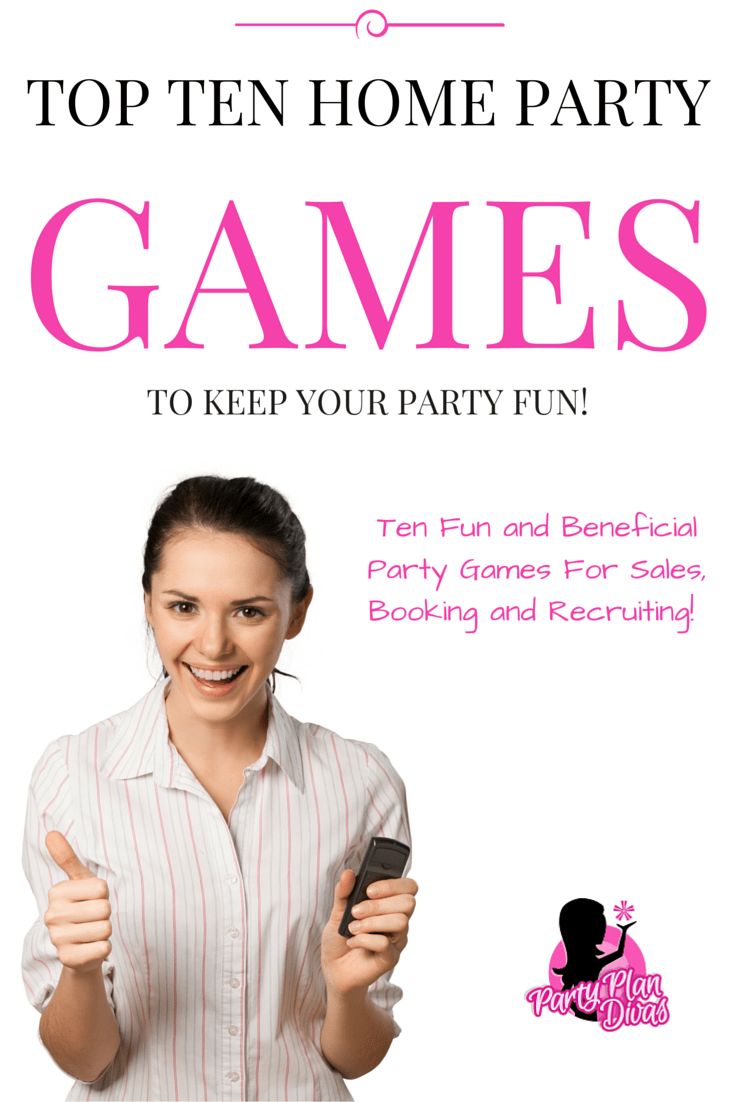 a woman holding a cell phone in her hand with the words top ten home party games to keep your party fun