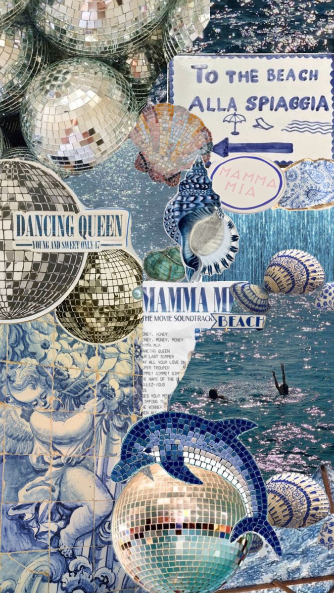 an artistic collage with disco balls and other items in blue, white and green