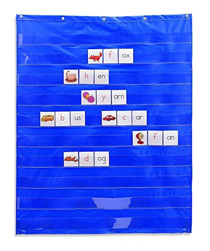 a blue plastic bag with words and pictures on the front that are attached to it