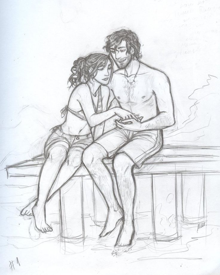 a drawing of two people sitting on a bench, one holding the other's hand