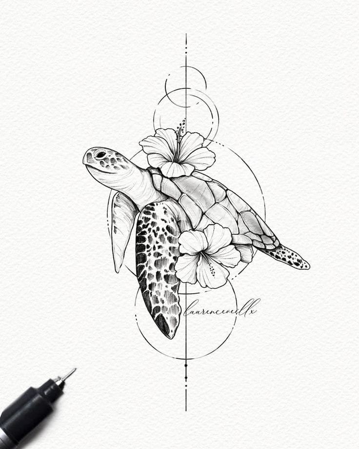 a drawing of a turtle with flowers on its back