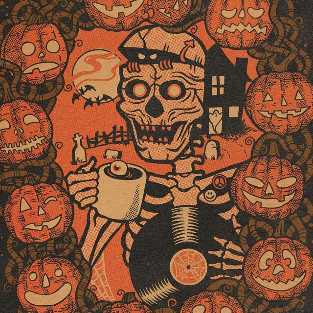 an image of a skeleton holding a coffee cup in front of pumpkins and houses