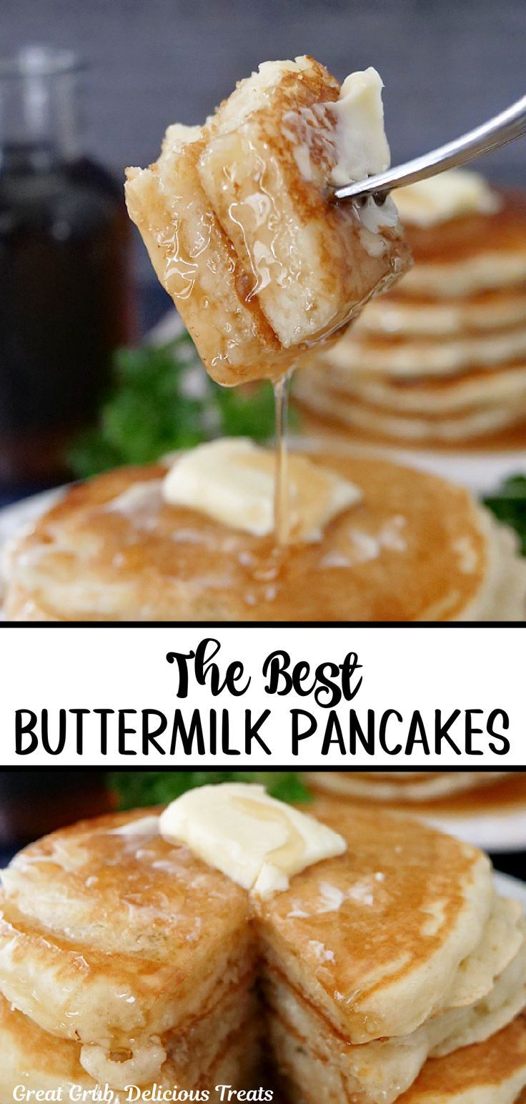 A double photo collage of buttermilk pancakes on a white plate. Recipes Buttermilk, Fluffy Buttermilk Pancake Recipe, Homemade Buttermilk Pancakes, Buttermilk Pancakes Recipe, Fluffy Buttermilk Pancakes, Buttermilk Pancakes Fluffy, Homemade Pancake Recipe, Best Pancake Recipe, Pancake Recipe Buttermilk