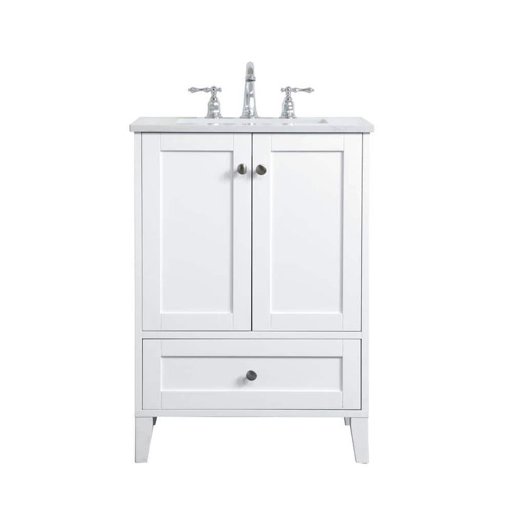 a white bathroom vanity with two sinks and drawers on the front, against a white background