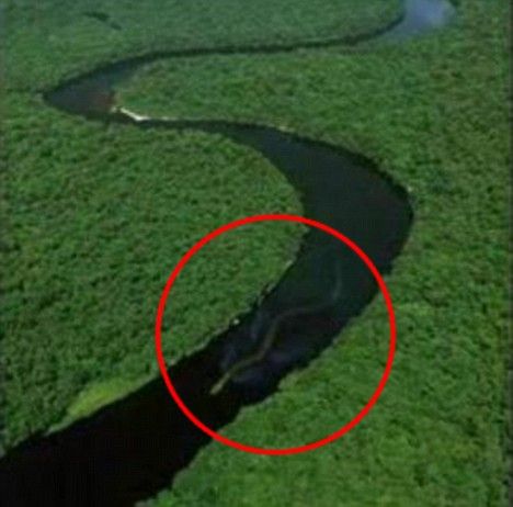 an aerial view of a river in the middle of green grass with a red circle over it