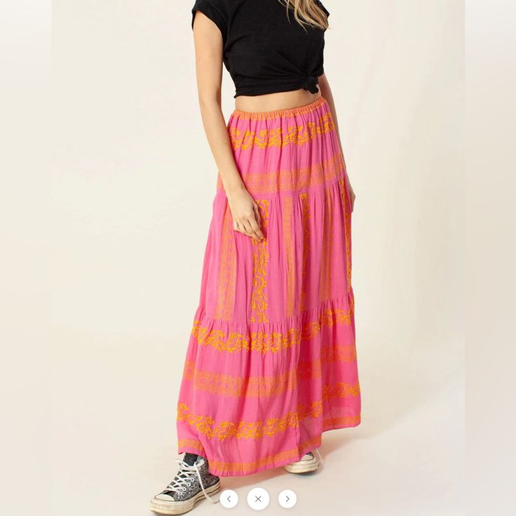 Hale Bob Sasha Maxi Skirt Nwt Made In India Pink/Yellow/Gold Size Small Embroidered Rayon Crinkle Gauze Top Skirt Is Lined Tiered Skirt With Shirring Pink Summer Maxi Skirt For Vacation, Pink Bohemian Tiered Skirt, Bohemian Pink Tiered Skirt, Pink Bohemian Relaxed Maxi Skirt, Summer Pink Maxi Skirt For Beach, Pink Maxi Skirt For Summer Vacation, Pink Tiered Maxi Skirt For Beach, Pink Maxi Skirt With Elastic Waistband For Summer, Casual Pink Tiered Skirt