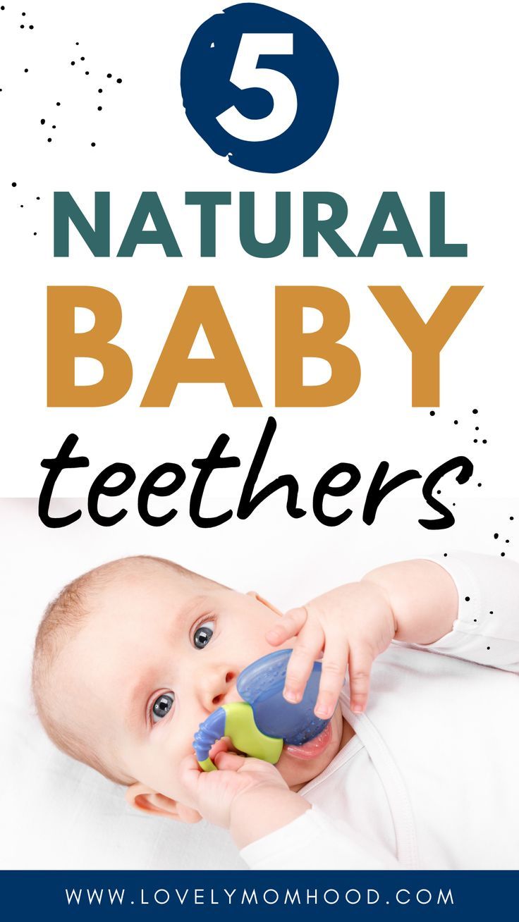 a baby chewing on a toy with the words 5 natural baby teeth in front of it