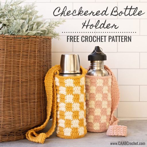 a crocheted bottle holder next to a basket with a plant in it and the text, free crochet pattern