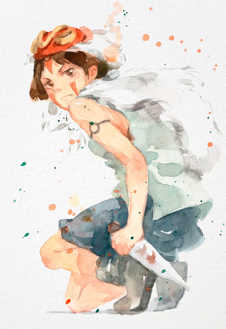 a watercolor painting of a woman kneeling down with a knife in her hand and wearing a hat