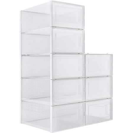 six clear drawers stacked on top of each other in front of a white wall mounted shelf