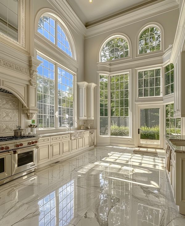 a large kitchen with marble flooring and white cabinets on the walls is pictured in this image