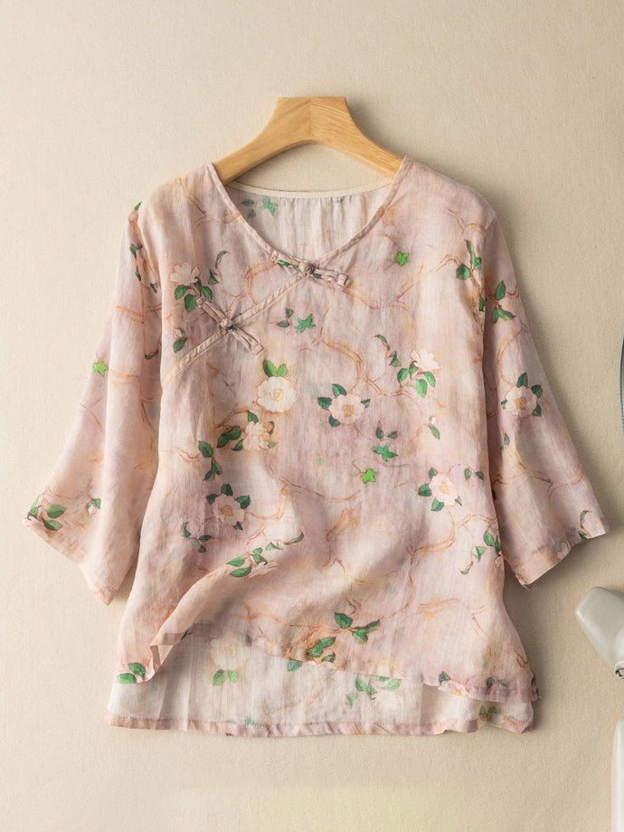 Fabric Name: RamieStyle: Casual,CommuteClothes Type: BlouseEdition Type: LoosenNeckline: V NeckSleeve Length: 3/4 Sleeve Occasion: DailyDecoration: PrintTheme: Spring,Summer,Fall,WinterPlease Note: All Dimensions Are Measured Manually With A Deviation Of 1 To 3cm. Pink Floral Print Tops With 3/4 Sleeves, Pink Floral Print Puff Sleeve Top, Short Sleeve, Retro Tops, Loose Pullover, Retro Summer, Fabric Names, Summer Fall, Chinese Style, Flower Print