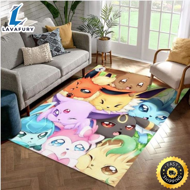 a living room area rug with pokemon characters on it