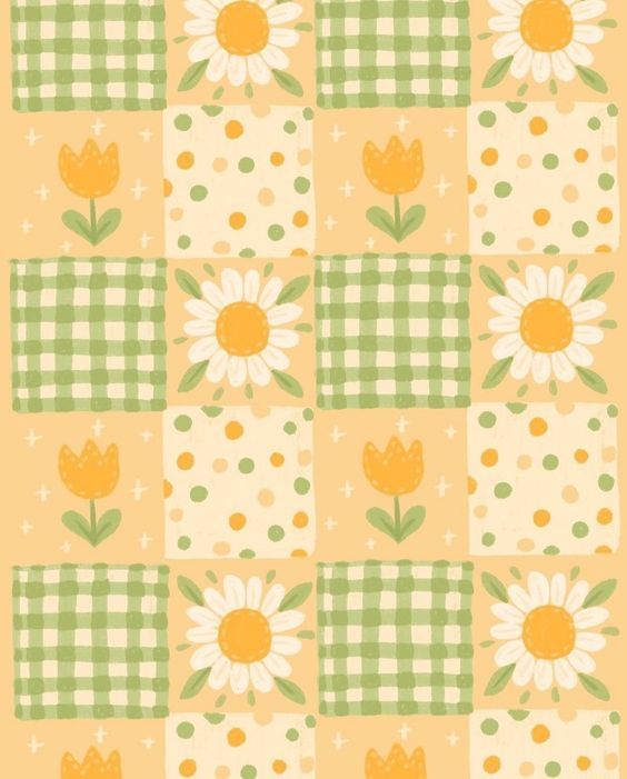 a yellow and green checkered fabric with white flowers on the front, and polka dot dots