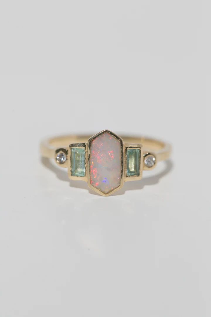 Art Deco Opal Engagement Ring, Engagement Rings Crystal Stones, Sapphic Wedding Rings, Hexagon Bezel Engagement Ring, Weird Engagement Rings, Hippie Engagement Ring, Gem Stone Engagement Rings, Funky Engagement Rings, Interesting Engagement Rings