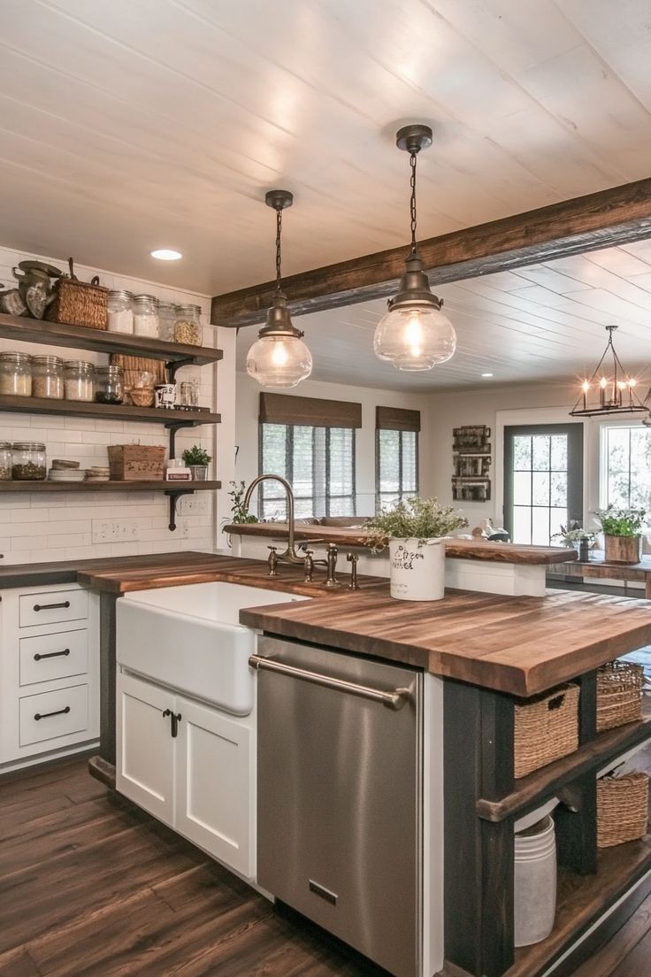 a large kitchen with an island in the middle and open shelving on the wall