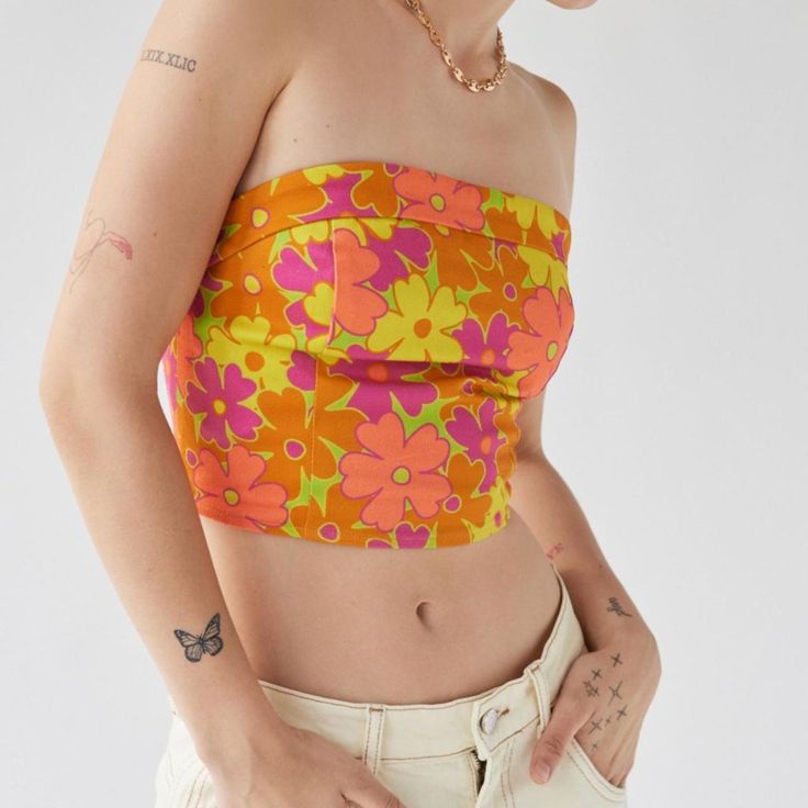 Urban Outfitters Floral Top Bustier-Style Top From Another Girl In An Oversized Floral Print. Ultra-Cropped And Fitted Style With A Strapless Silhouette. Finished With A Zip Closure At The Back. Multi Boho, Skater, Y2k, Retro, Deadstock Chic Printed Summer Crop Top, Y2k Summer Party Tube Top, Yellow Y2k Crop Top For Spring, Floral Print Crop Top For Summer Parties, Y2k Bandeau Crop Top For Summer, Printed Fitted Crop Top For Summer, Trendy Pink Strapless Top, Multicolor Bandeau Top For Party, Fitted Crop Top For Spring And Summer