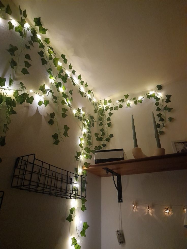 Room inpo teen girl fake leaves fairy lights sage green room ideas Green Leaves Aesthetic Room, Fake Ivy Decor Bedroom Ideas, Sage Green Room Ideas, Green Room Ideas, Sage Green Room, Jungle Bedroom Theme, Jungle Theme Rooms, Fairy Lights Room, Jungle Bedroom