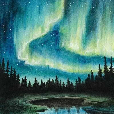 an acrylic painting of the aurora bore over a lake with trees and stars in the sky