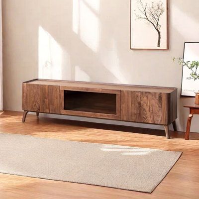 a living room scene with focus on the entertainment center and rugs in the foreground