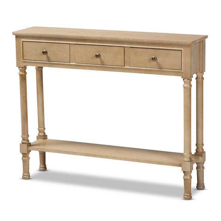 a wooden console table with two drawers