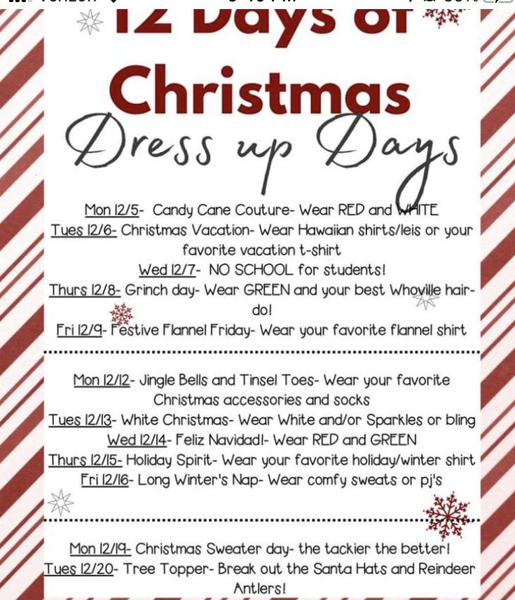 the 12 days of christmas dress - up days list is shown in red and white