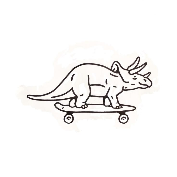 a black and white drawing of a dinosaur on a skateboard