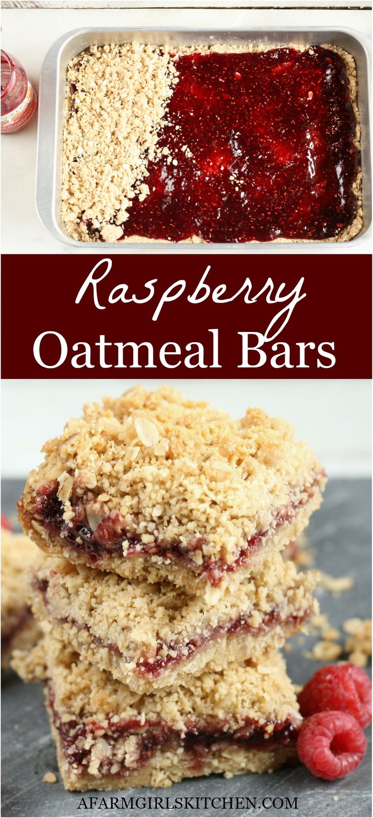 raspberry oatmeal bars are stacked on top of each other and ready to be eaten