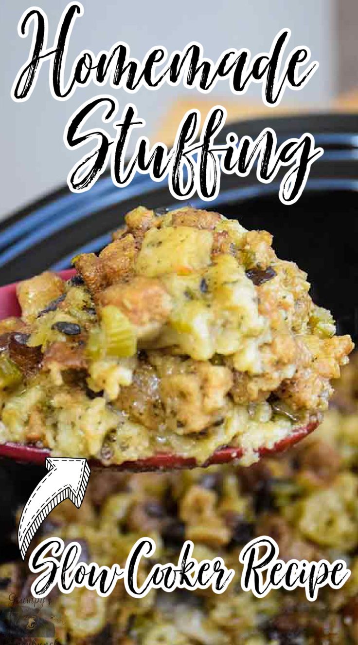 a spoon full of homemade stuffing for slow cooker recipe with the title above it