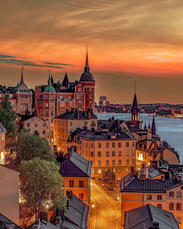 the city is lit up at night by the water