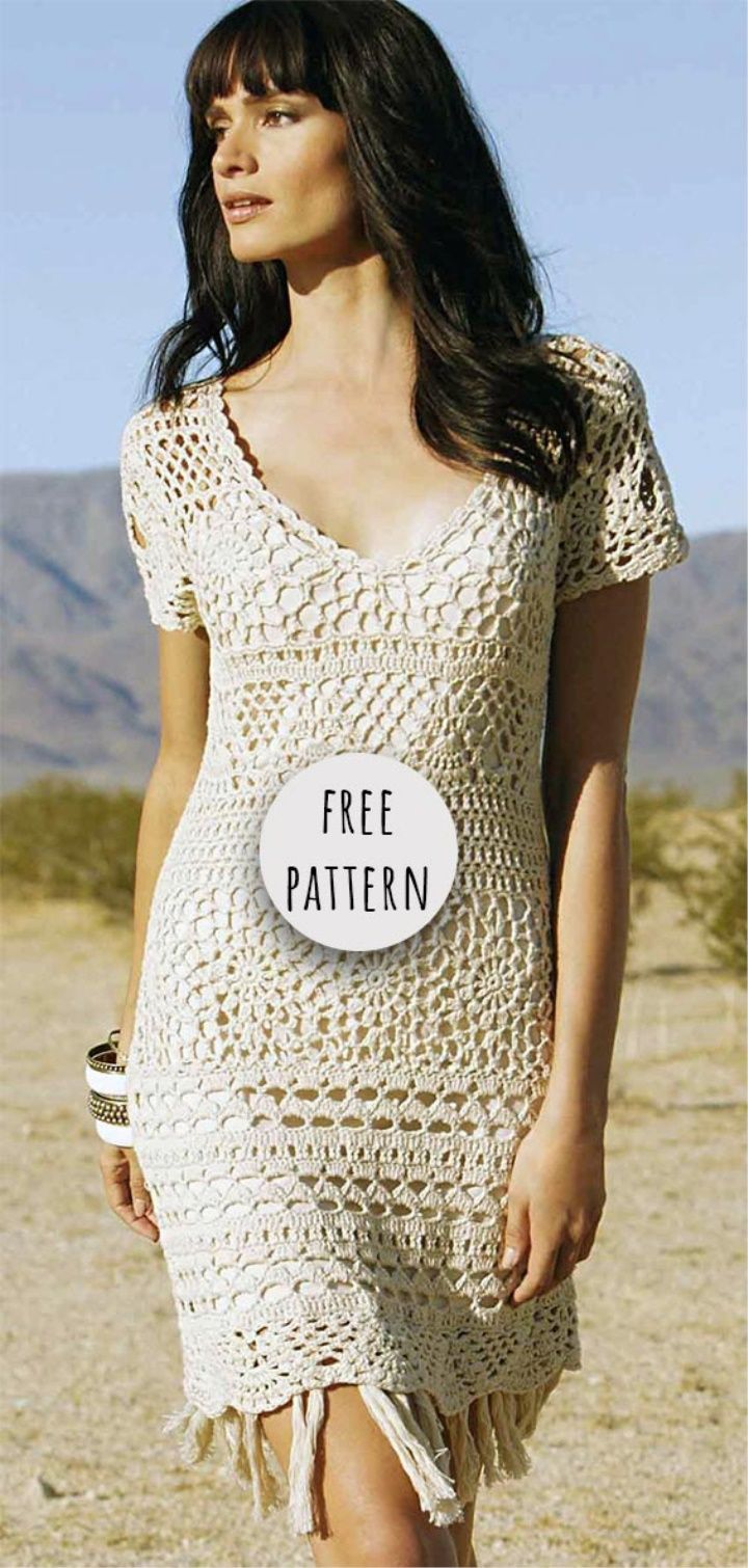 a woman in a crochet dress with a free pattern