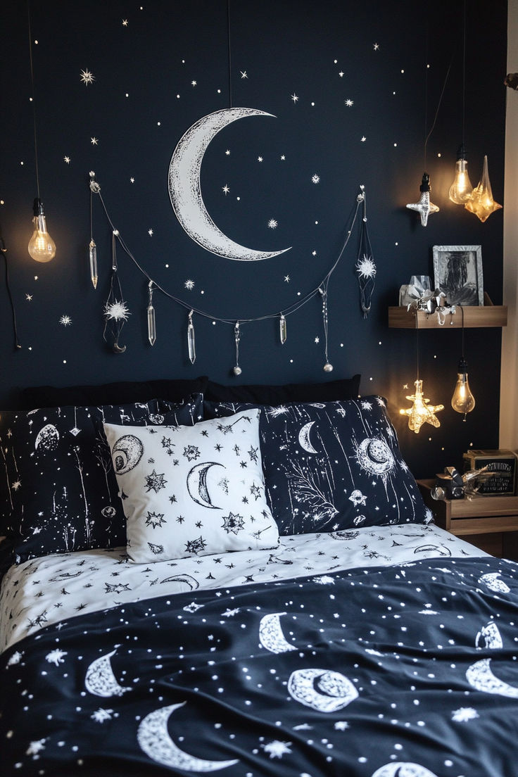 a bed room with a neatly made bed and night sky wall decal above it