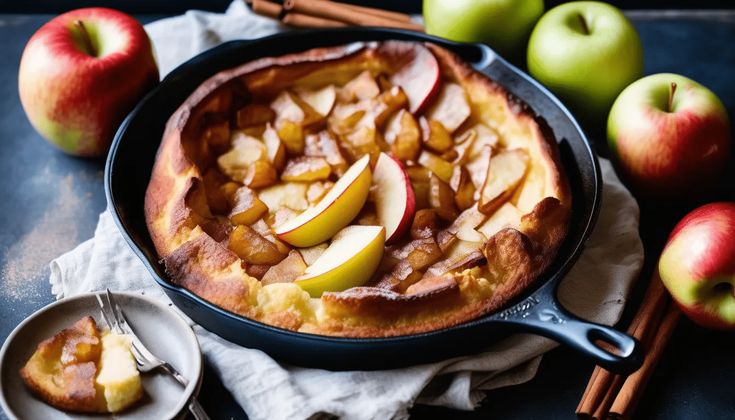 an apple pie with cinnamon sticks and apples in the background on a blue tablecloth