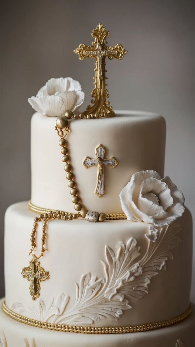 a three tiered wedding cake decorated with white flowers and gold cross on the top