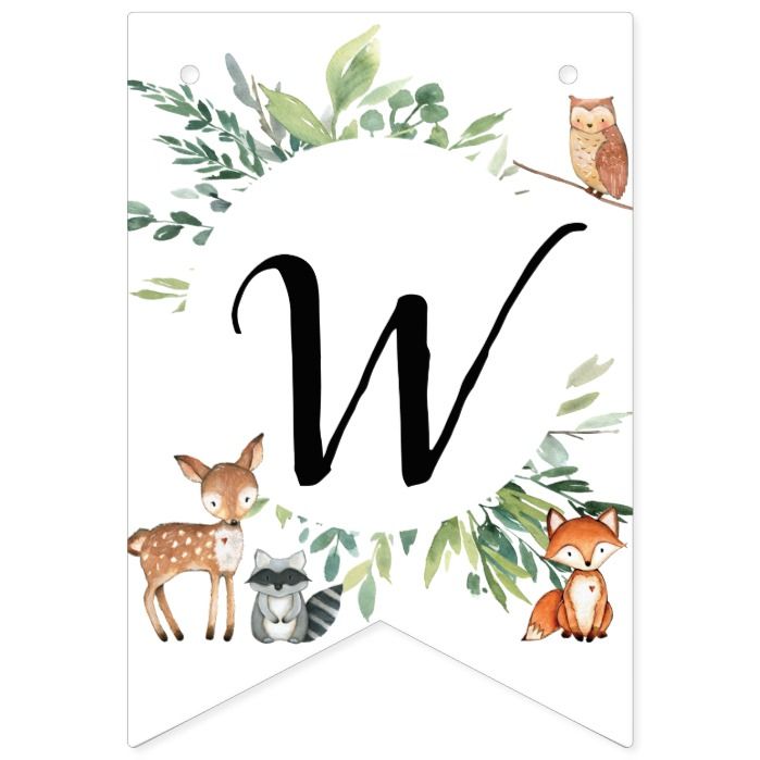 the woodland animal banner is shown with an initial letter w and two small animals on it