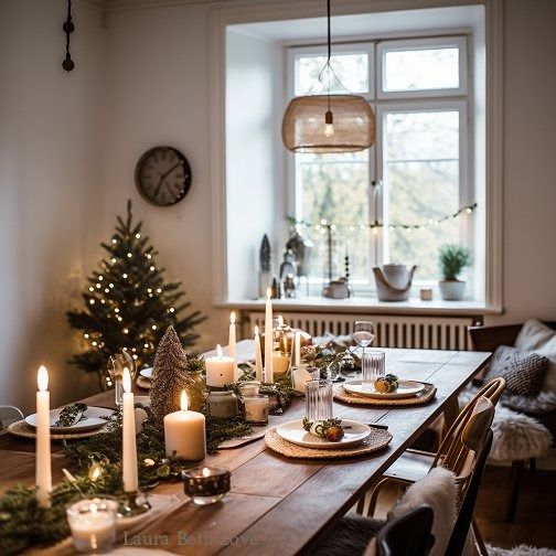 a dining room table set for christmas with lit candles and greenery on the table