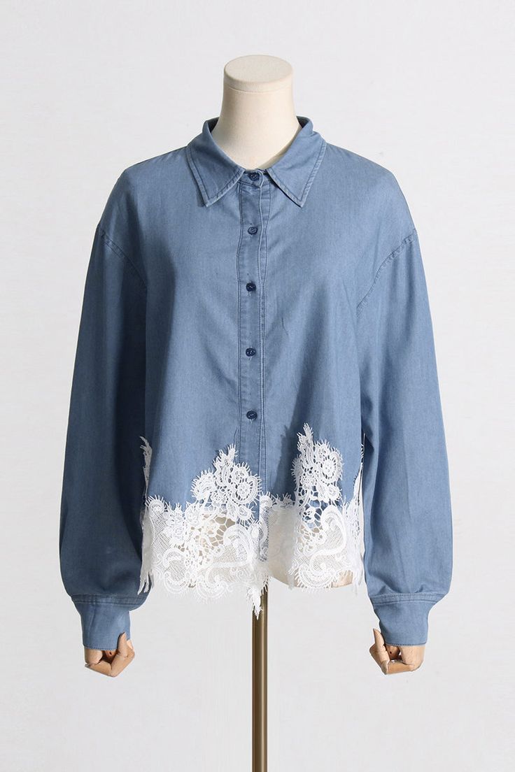 Embroidered shirt, made of denim, off-white cotton and linen blend, British embroidery, classic collar, front button closure, long sleeves, button cuffs, long sleeves and curved hemSize Chart（CM）: Lace Button Up Shirt, Shirt With Lace, Blue Denim Shirt, Lace Button, Dress Satin, Dress Cover, Lace Shirt, Embroidered Shirt, Mesh Dress