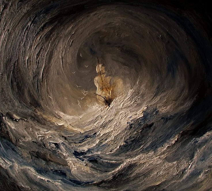 an abstract painting with waves in the middle and a person standing on top of it