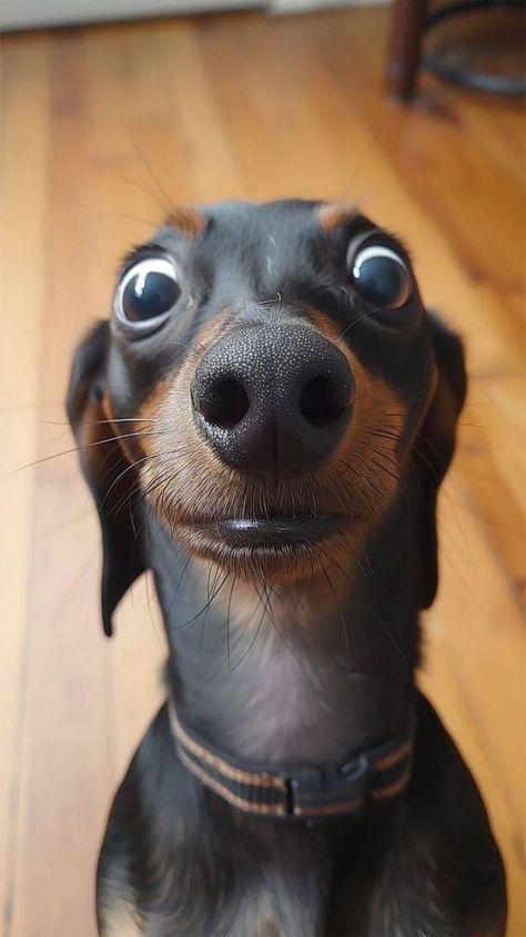 a small black and brown dog sitting on top of a wooden floor