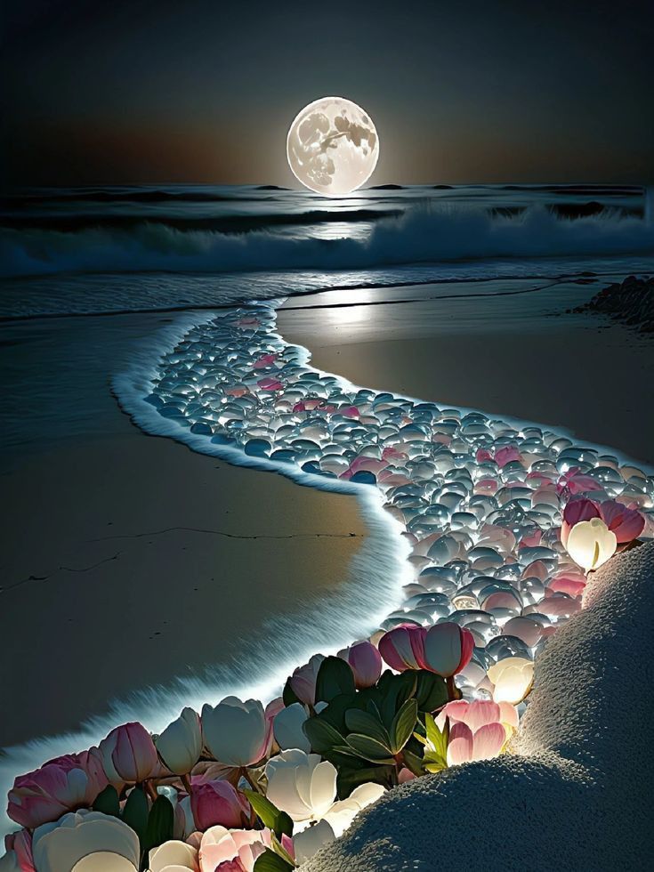 flowers are lined up on the beach at night, with moon in the sky above