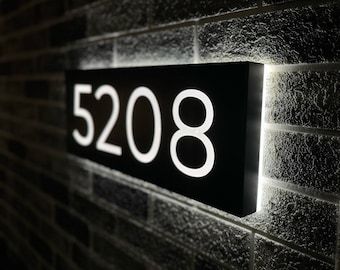 Solar Powered Backlit LED House Number Plague | Modern Backlit Metal Horizontal Vertical Custom Lighted Address plague for House Led House Numbers, Led House, Address Plaques, Custom Plaques, Modern House Number, Solar Panel Kits, Laser Cut Metal, House Number Sign, House Doors