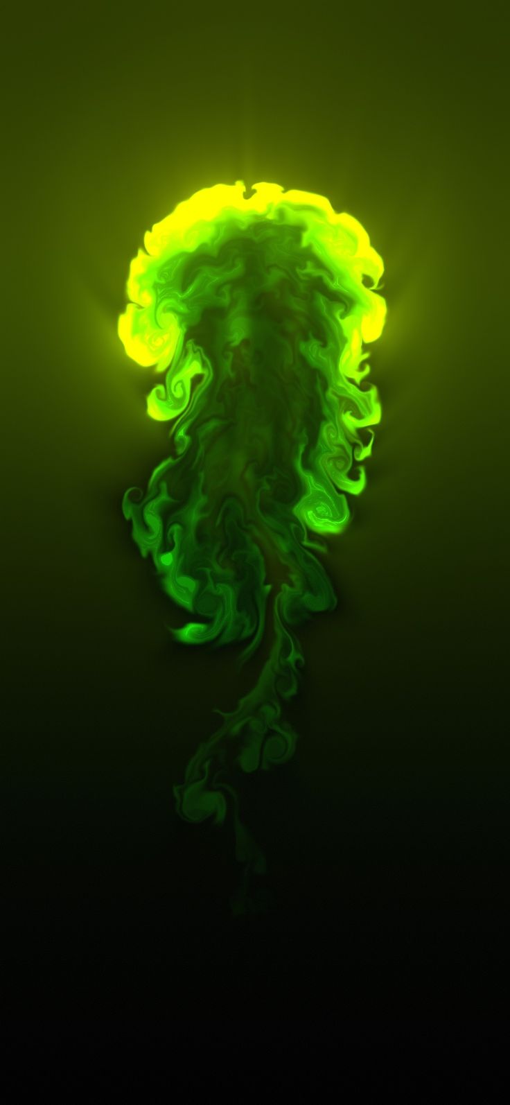 a green and yellow liquid substance floating in the air on a black background with reflection