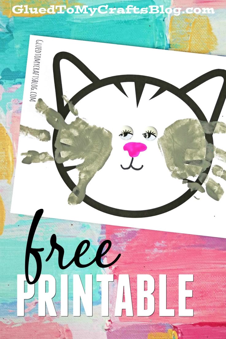 a handprinted cat with the words free printable on it, and an image of