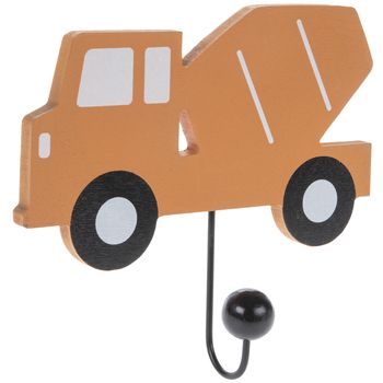 a wooden toy truck on a hook with a black ball attached to it's side