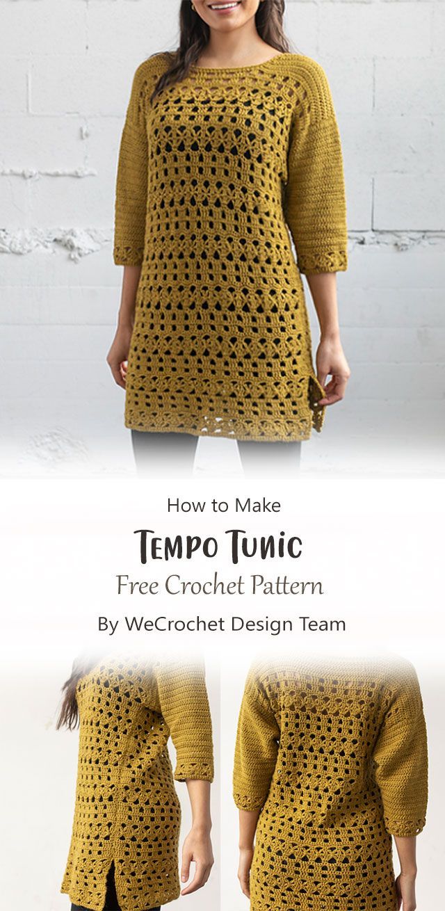 a woman wearing a yellow sweater with black dots on it and the text how to make tempo tunic free crochet pattern by weccochet design team