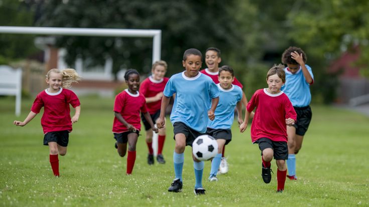 a group of young children playing soccer on a field