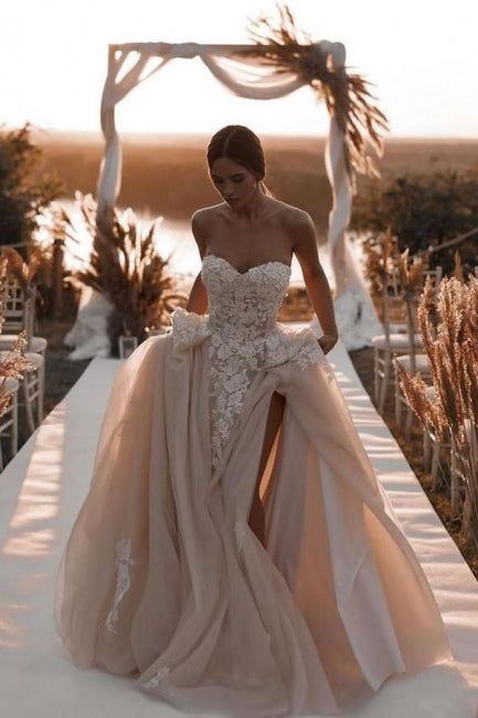 Ballbella Fabulous Champagne Tulle Wedding Gowns With Slit Lace Sleeveless-Ballbella Champagne Wedding Gown, Champagne Wedding Dress Lace, Boho Bride Dress, Rustic Beach Wedding, Wedding Dress Champagne, A Wedding Dress, Champagne Wedding, Long Sleeve Wedding, Tulle Wedding