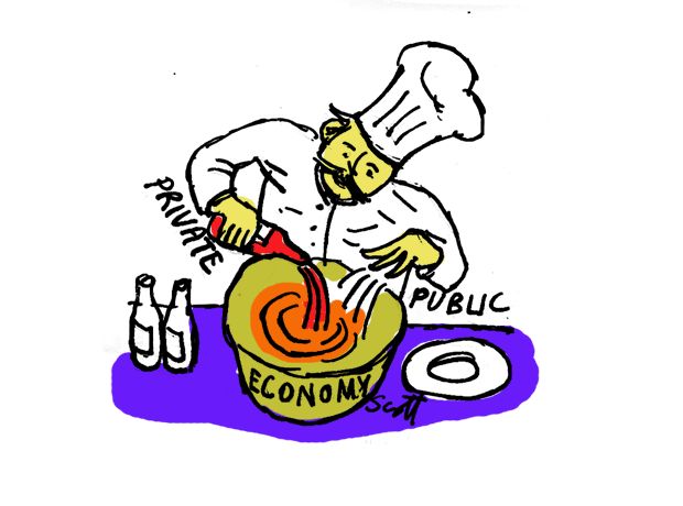 a drawing of a chef preparing food on a table